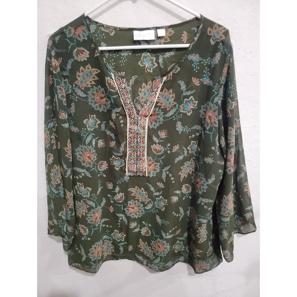 Belle by Kim Gravel L Olive Floral Blouse Embroidered V-Neck Lined‎ 3/4 Sleeve